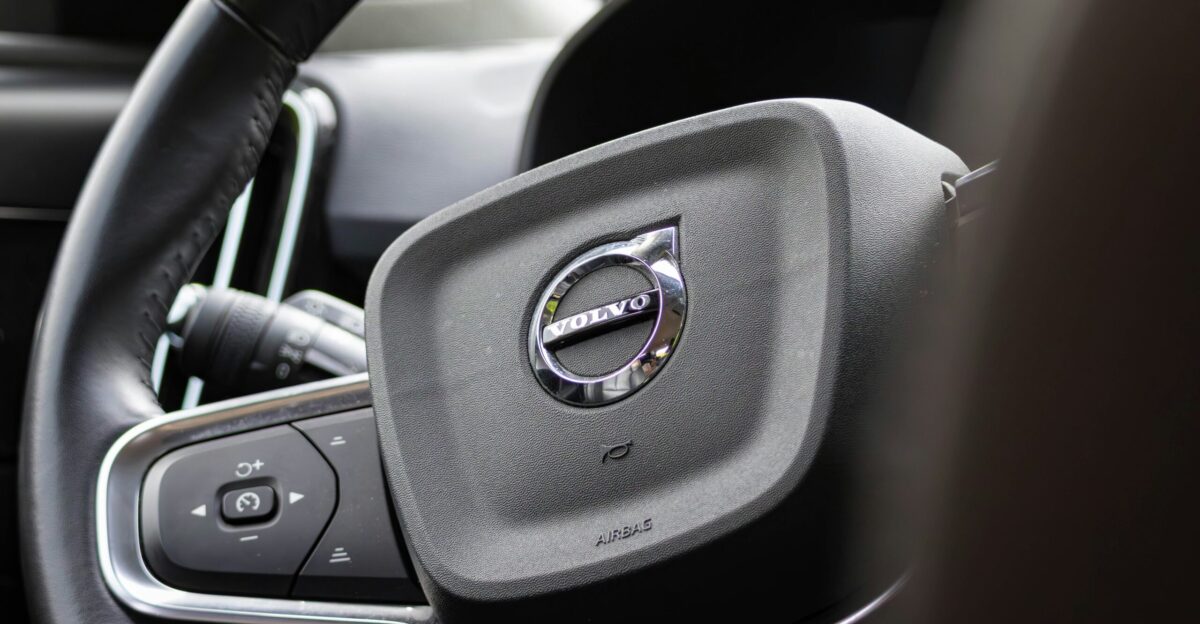 Volvo steering wheel close-up in a car