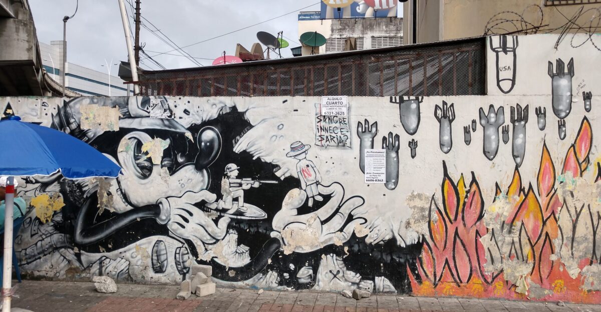 Protest mural against the US invasion of Panama in 1989 Exterior of the May 5 station of the Panama metro