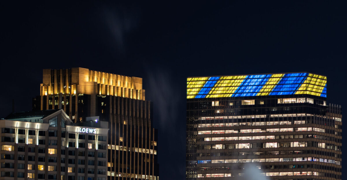 Target Headquarters Target Plaza in downtown Minneapolis lit up in support of Ukraine tonight