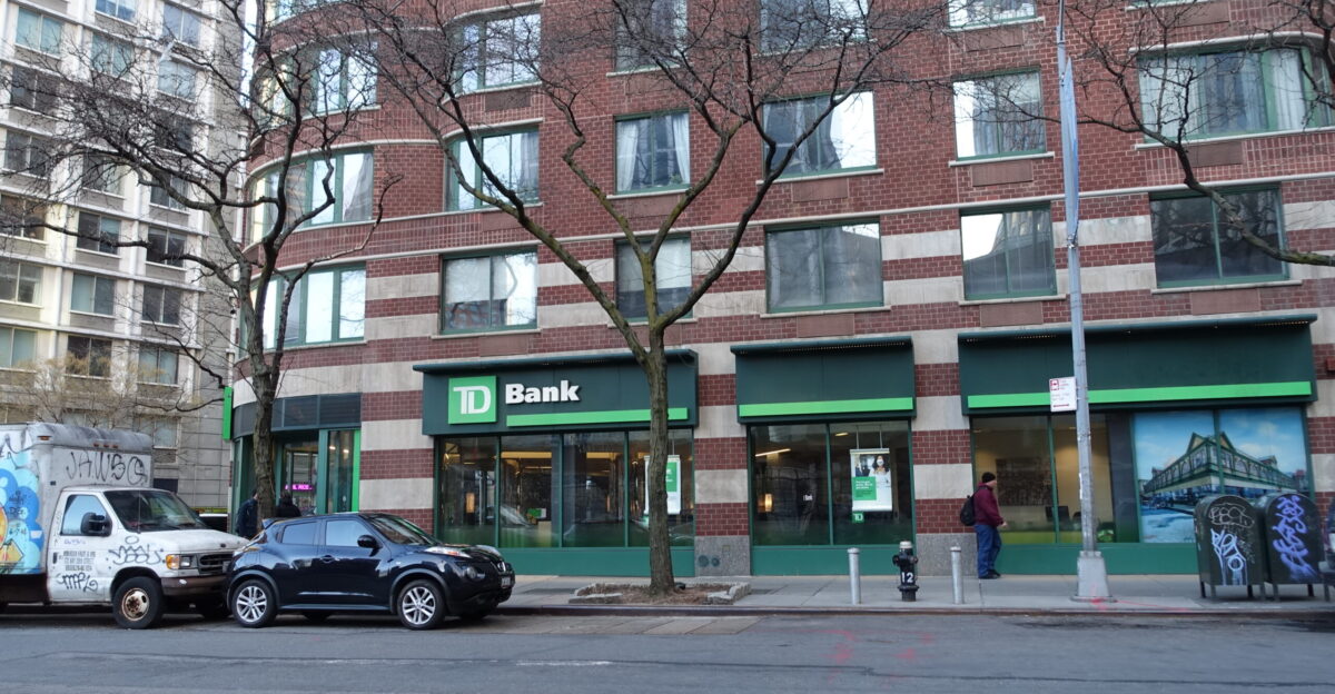 The TD Bank branch at ground level of the northern building of the Greenwich Court Condominiums 295 Greenwich Street at the southeast corner of Chambers Street and Greenwich Street in Tribeca Manhattan