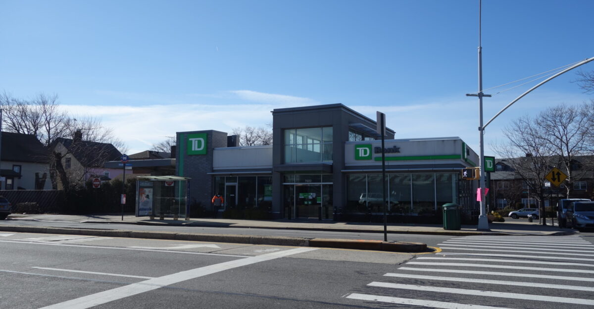 The TD Bank at the southwest corner of Main Street and 76th Avenue in Kew Gardens Hills Queens