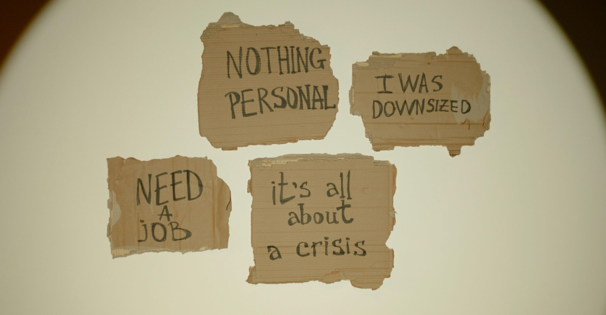 Cardboard signs convey job loss and economic crisis message, ideal for articles on unemployment.