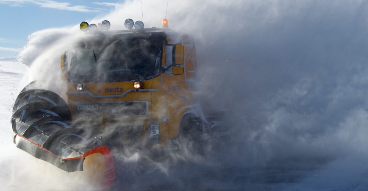 Snowplow working on the Saltfjell in Norway. The strong winds on that day turned this into quite a spectacle. Drifting snow was such a big issue that the plow was working all day long despite the good weather, passing us about once an hour.