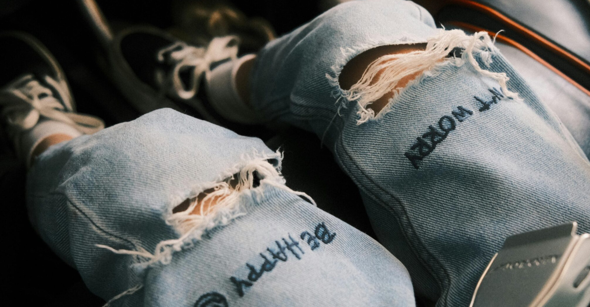 Close-up of legs in ripped jeans and sneakers, showing casual fashion style and focus on safety with seatbelt.